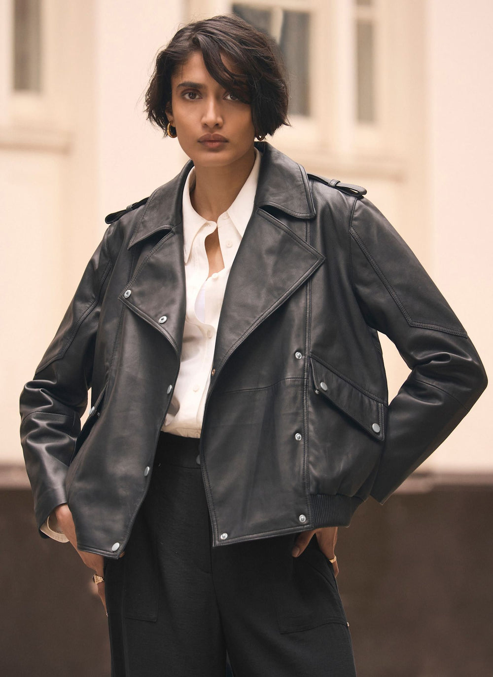 Black Leather Relaxed Biker Jacket