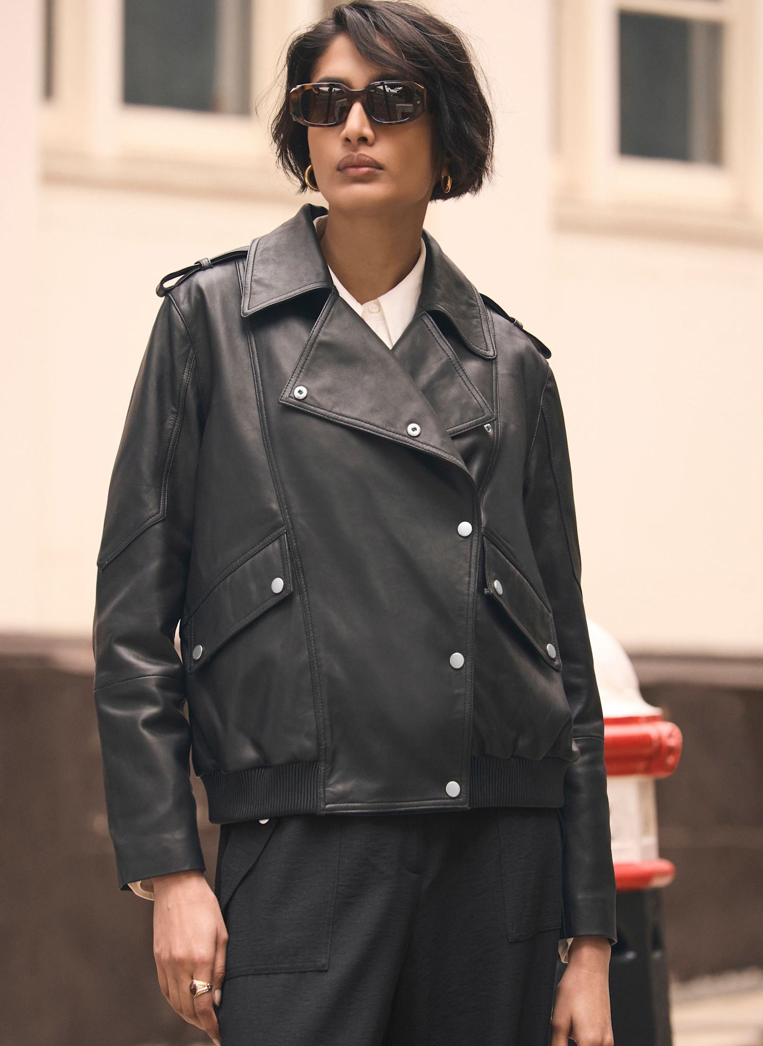Black Leather Relaxed Biker Jacket – Mint Velvet