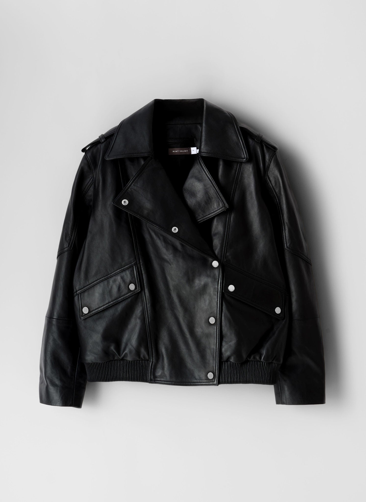 Black Leather Relaxed Biker Jacket – Mint Velvet