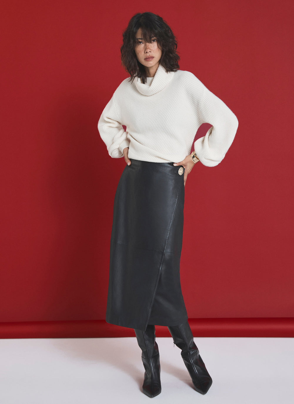 Black Leather Wrap Midi Skirt