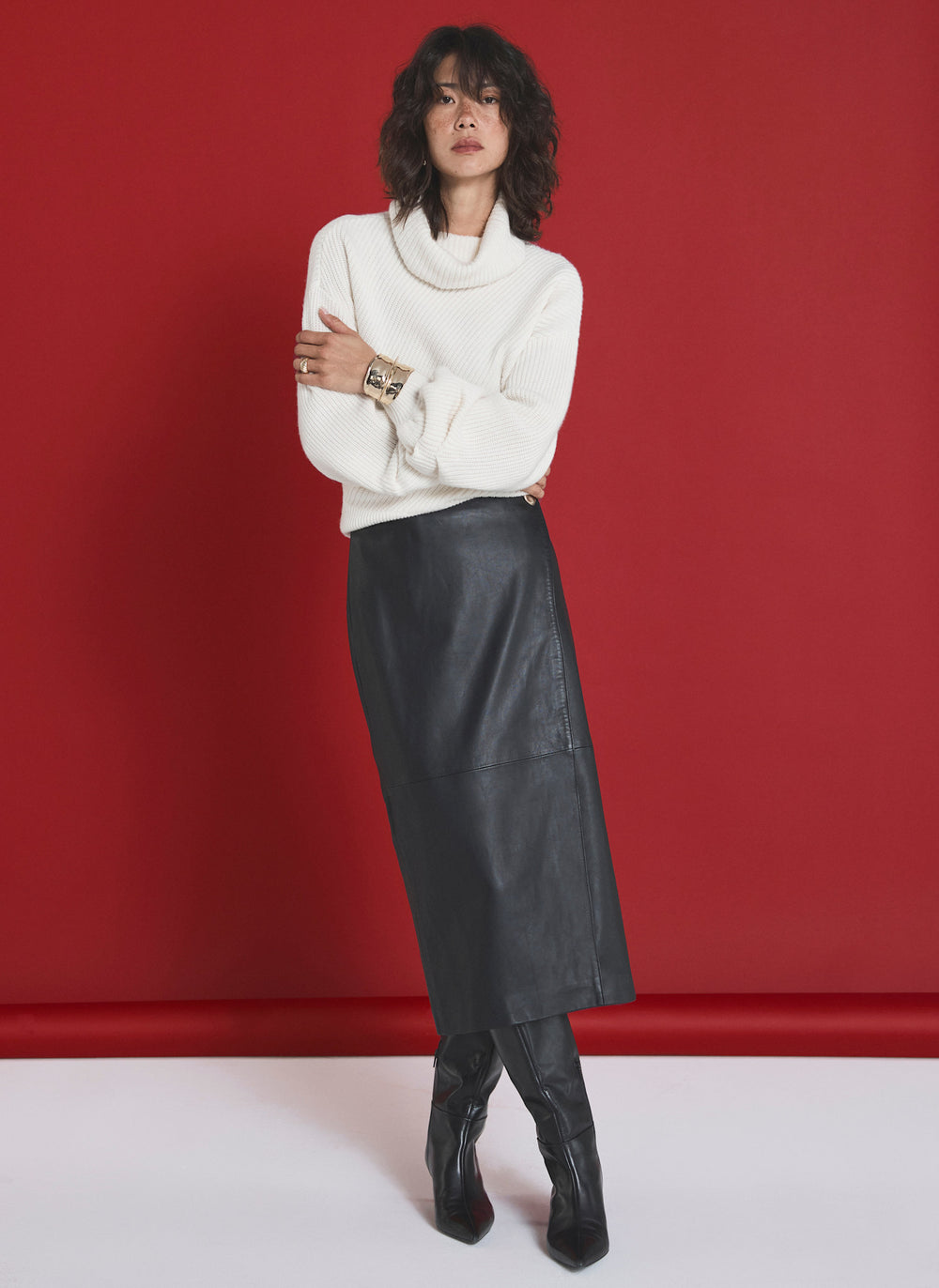 Black Leather Wrap Midi Skirt