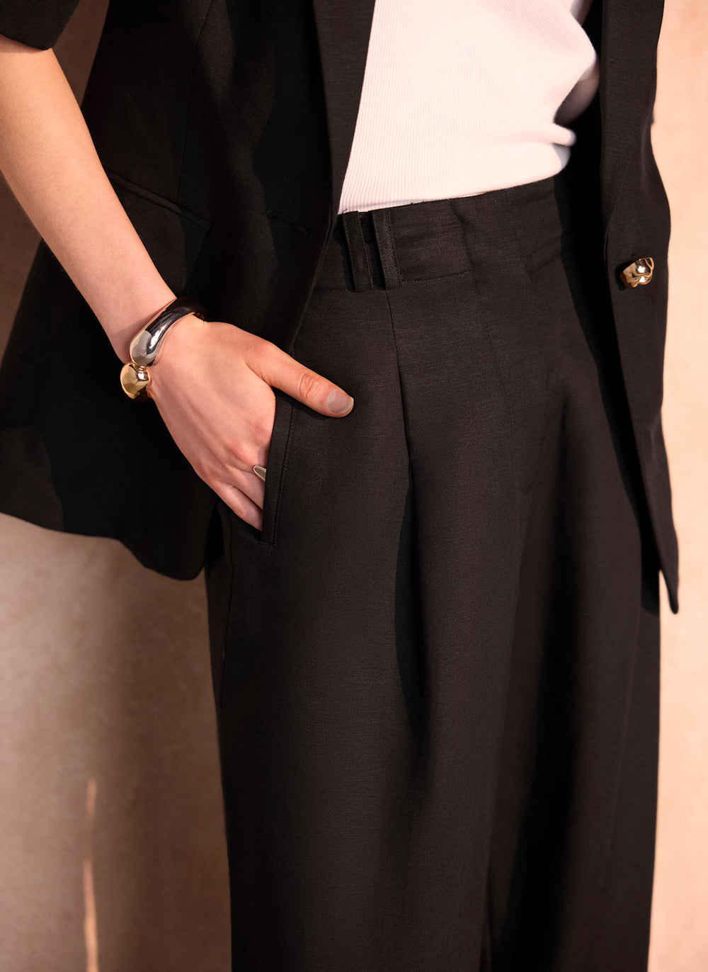 Black Linen Blend Wide Trousers