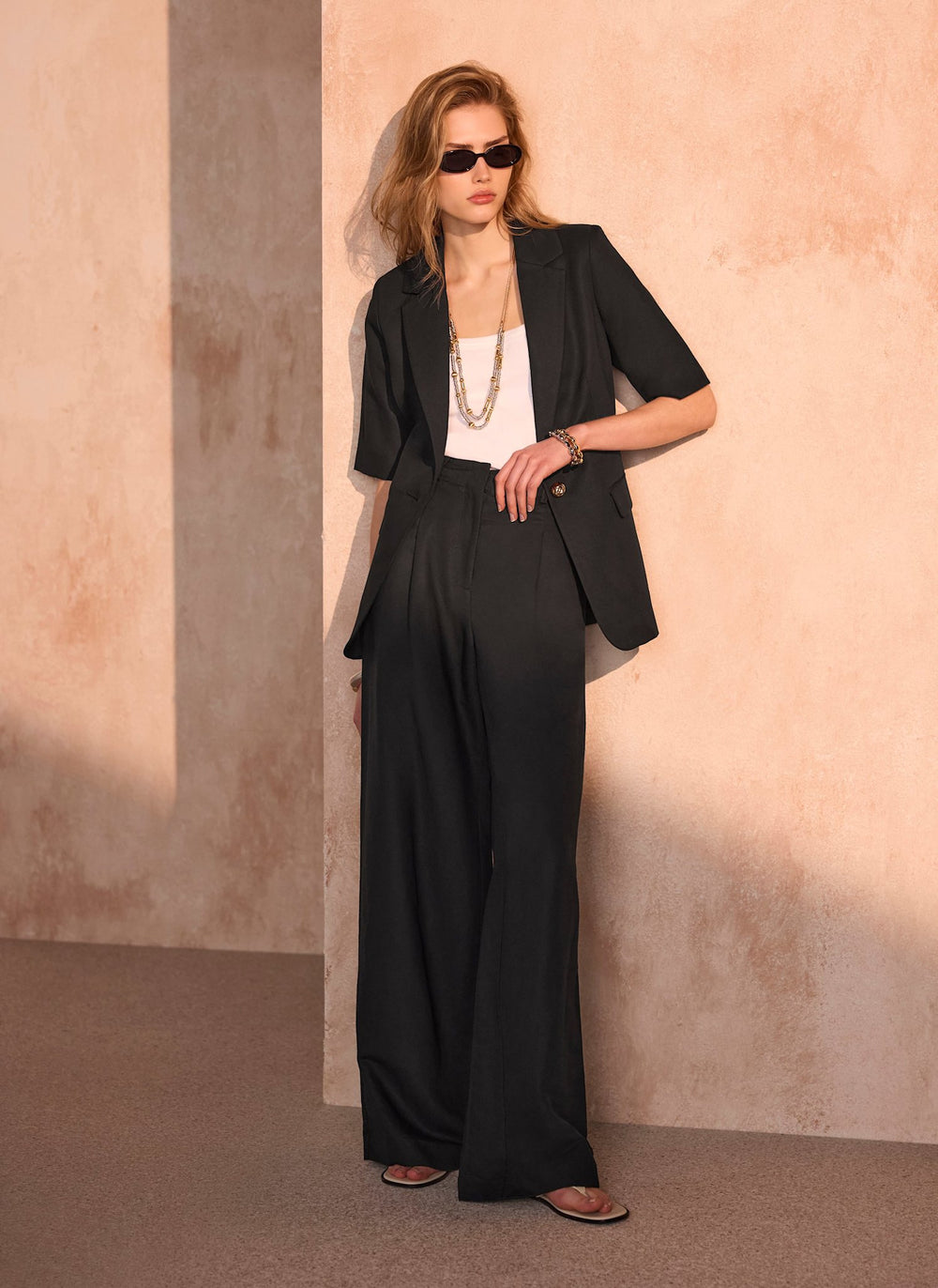 Black Linen Blend Wide Trousers