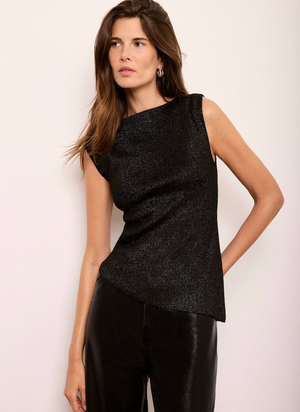 Black Metallic Wool Blend Asymmetric Top