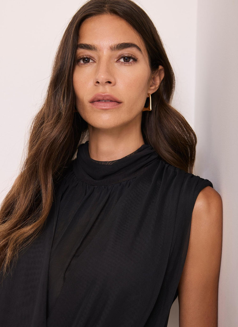 Black Mesh Draped Bubble Hem Top