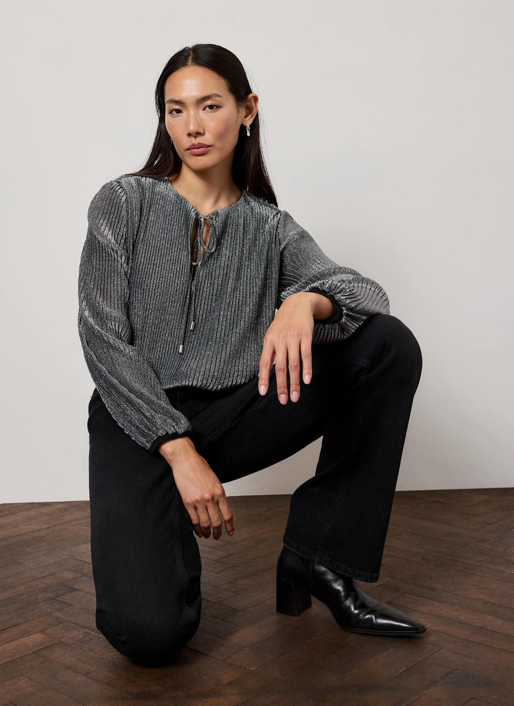 Black Metallic Bubble Hem Top