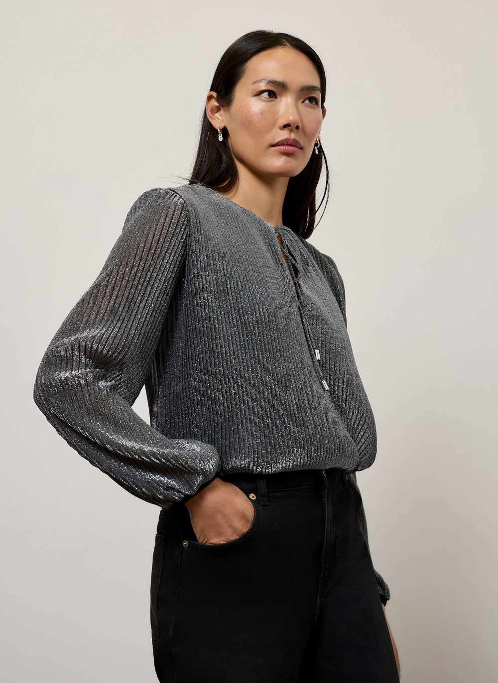 Black Metallic Bubble Hem Top