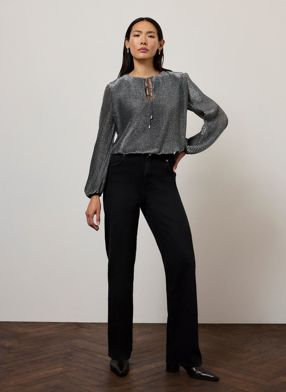 Black Metallic Bubble Hem Top