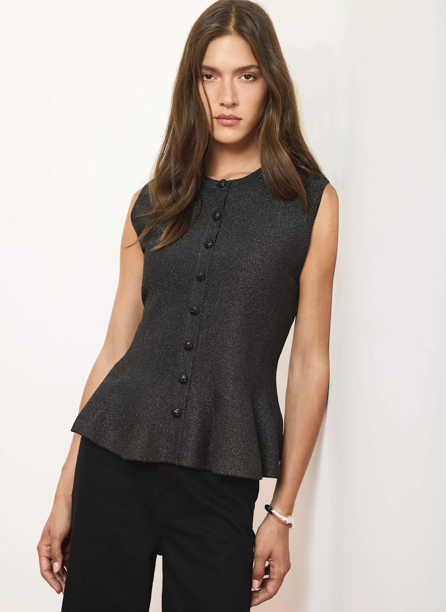 Black Metallic Knit Peplum Top – Mint Velvet