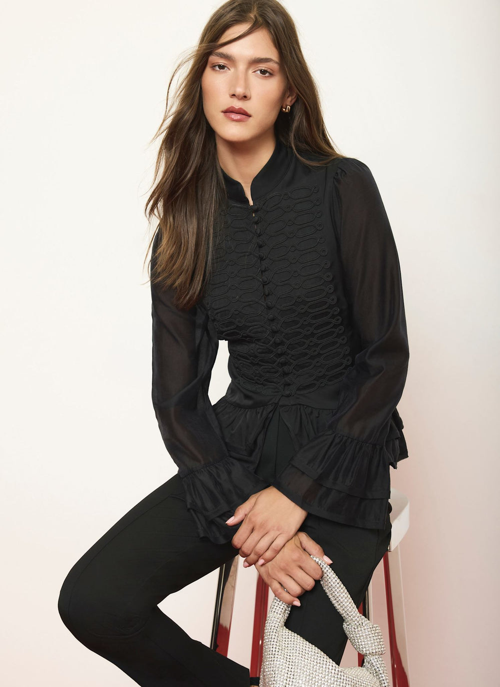 Black Frogging Detail Ruffle Blouse