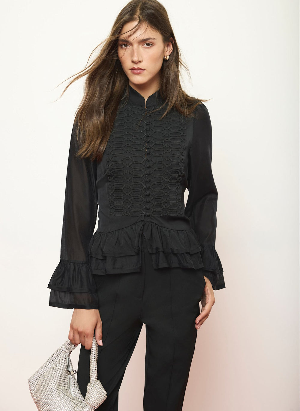 Black Frogging Detail Ruffle Blouse