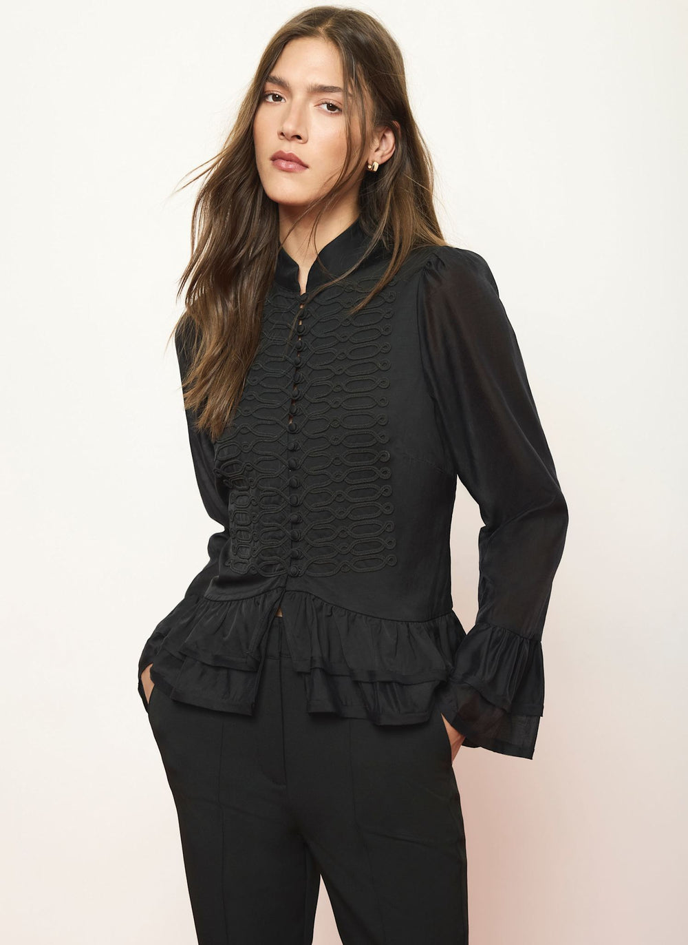 Black Frogging Detail Ruffle Blouse