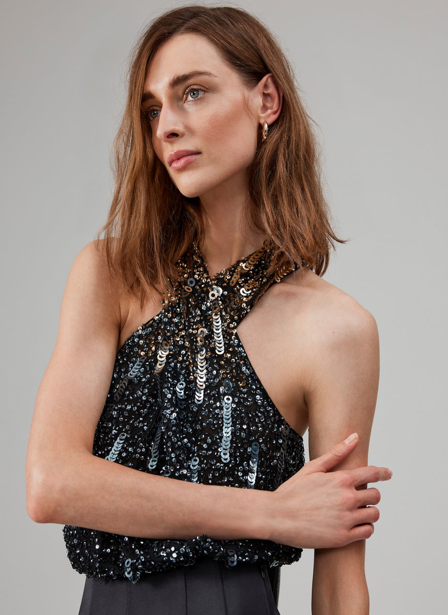 Black Ombre Sequin Halter Top â Mint Velvet