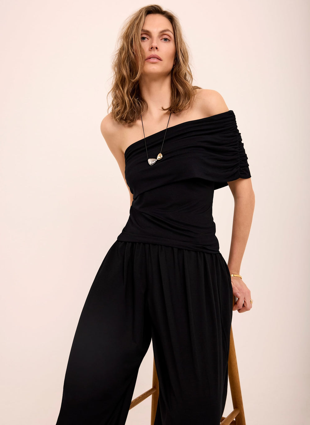 Black One Shoulder Draped Top