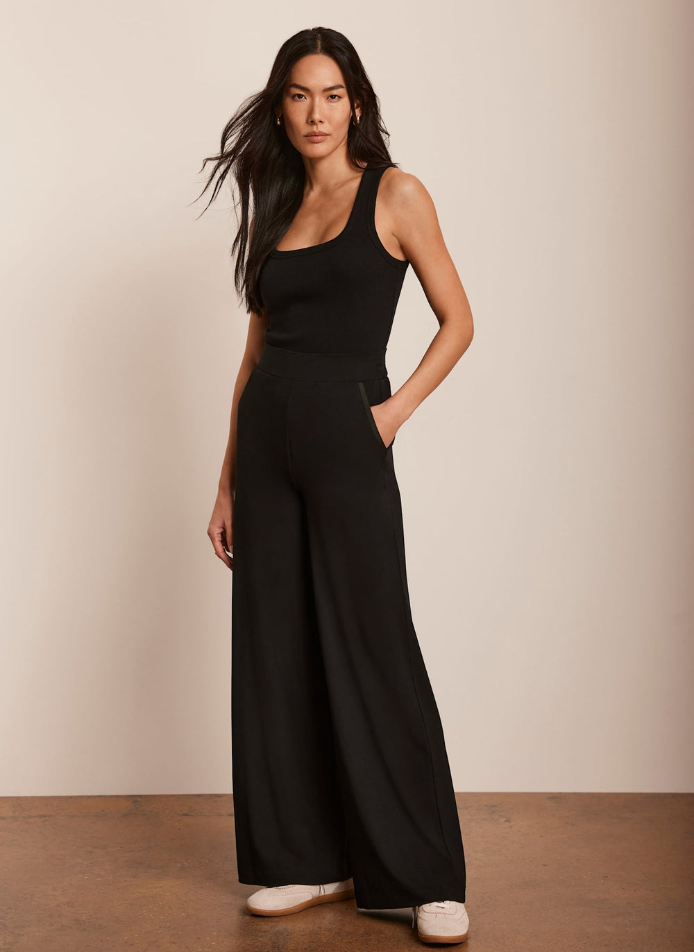 dress wide leg trousers Mint Velvet Black Jersey Palazzo Wide Leg Trousers | Size L