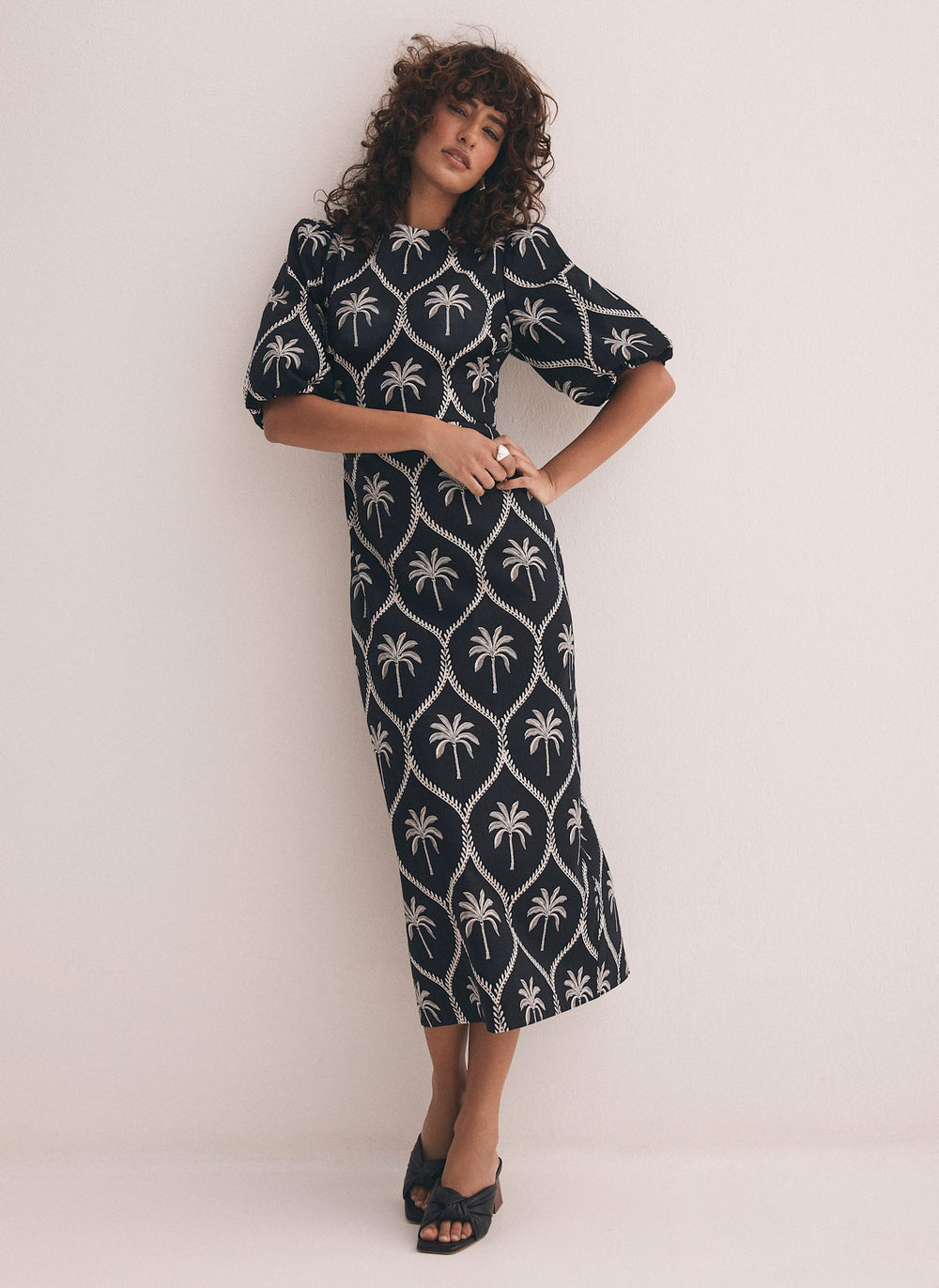 Black Palm Print Midi Dress