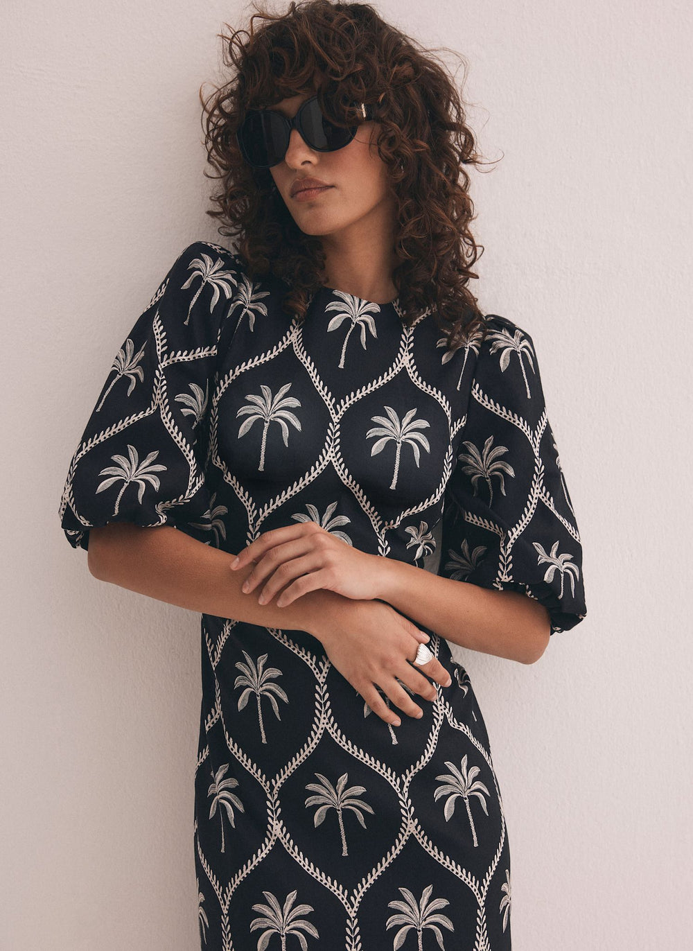 Black Palm Print Midi Dress