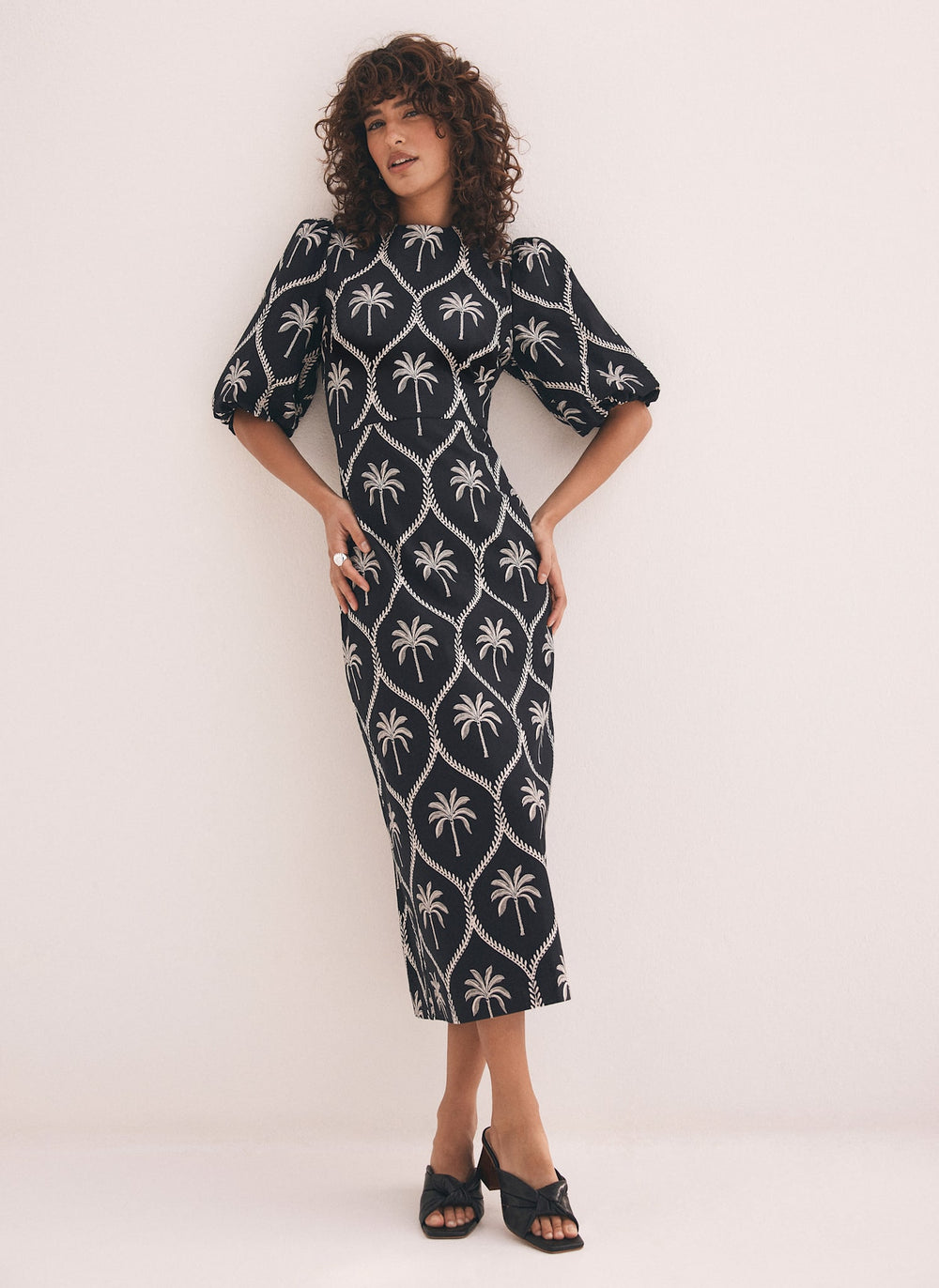 Black Palm Print Midi Dress