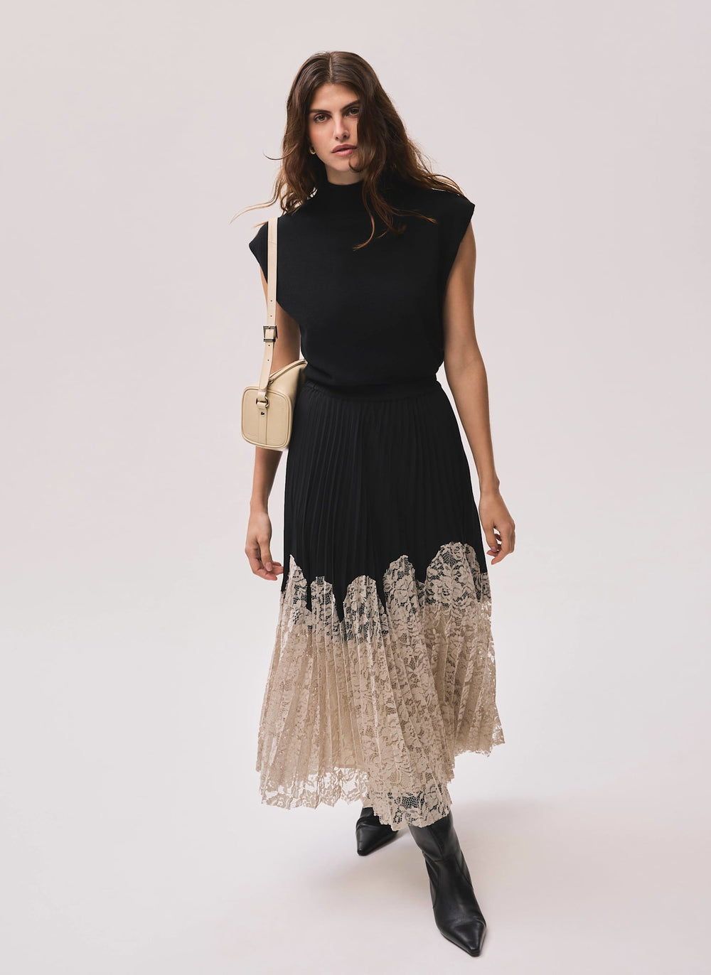 Jupe Midi Plissée Lafayette 148 Petites, Dentelle Noire Et Blanche, Taille 10P, Motif Géométrique