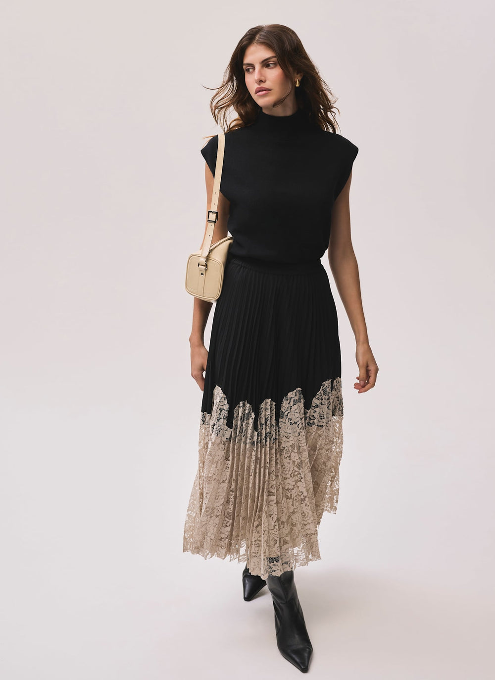 Black Pleated Lace Hem Midi Skirt