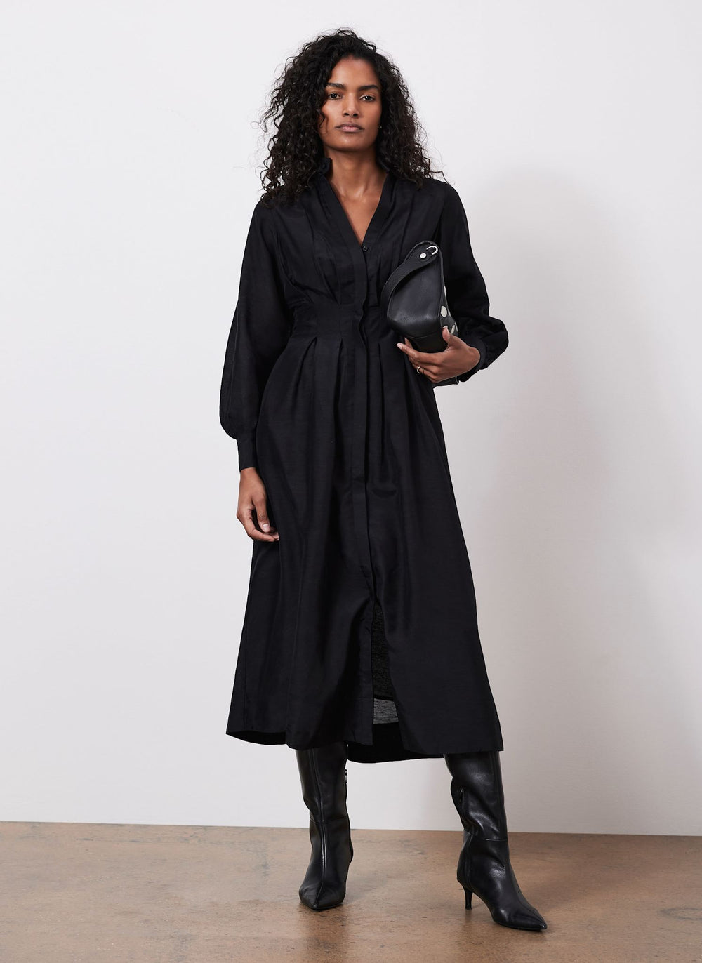 Black Pleated Midi Shirt Dress