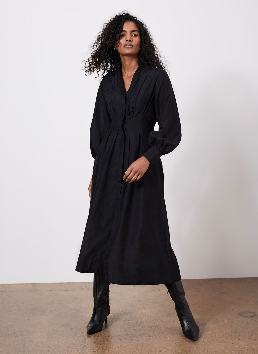 Black Pleated Midi Shirt Dress