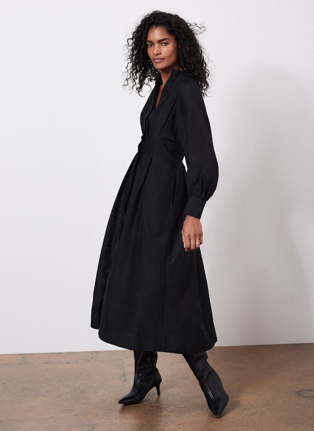 Black Pleated Midi Shirt Dress