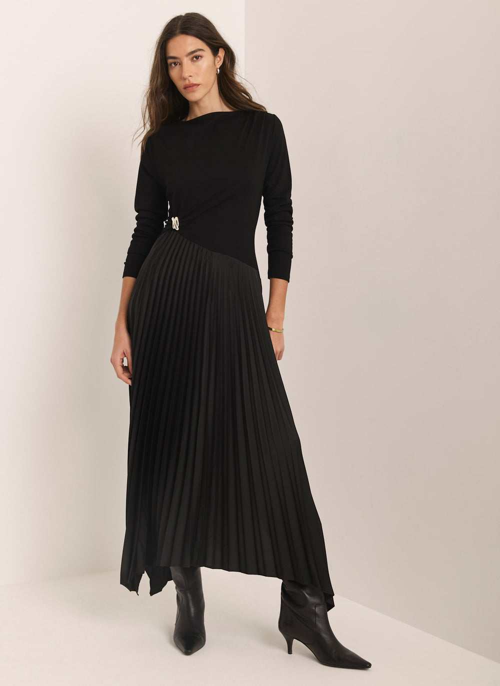 Black Pleated Asymmetric Midi Dress  Mint Velvet