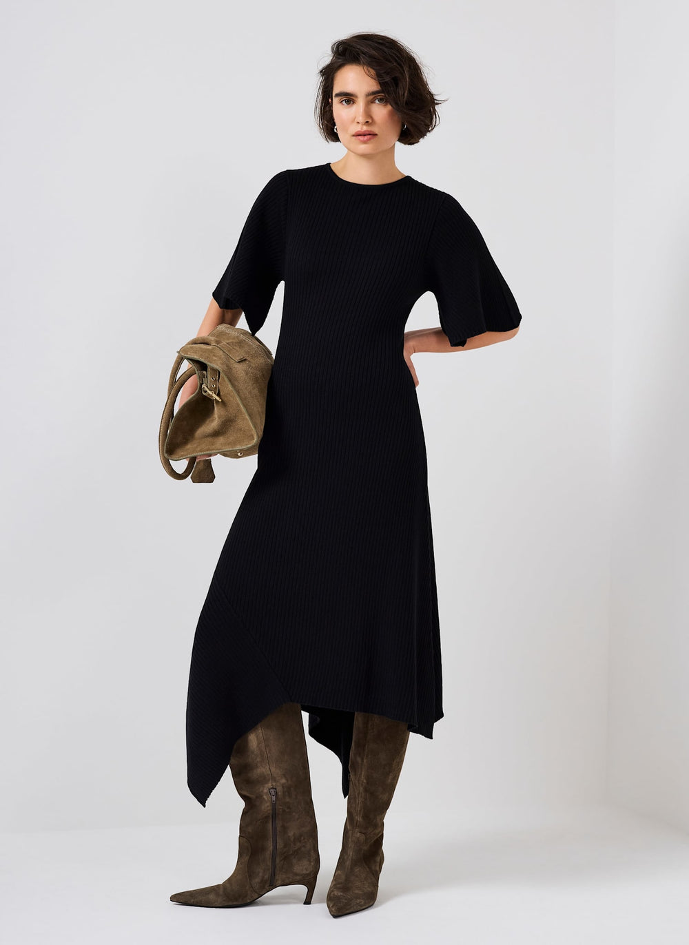Black Rib Knit Asymmetric Dress