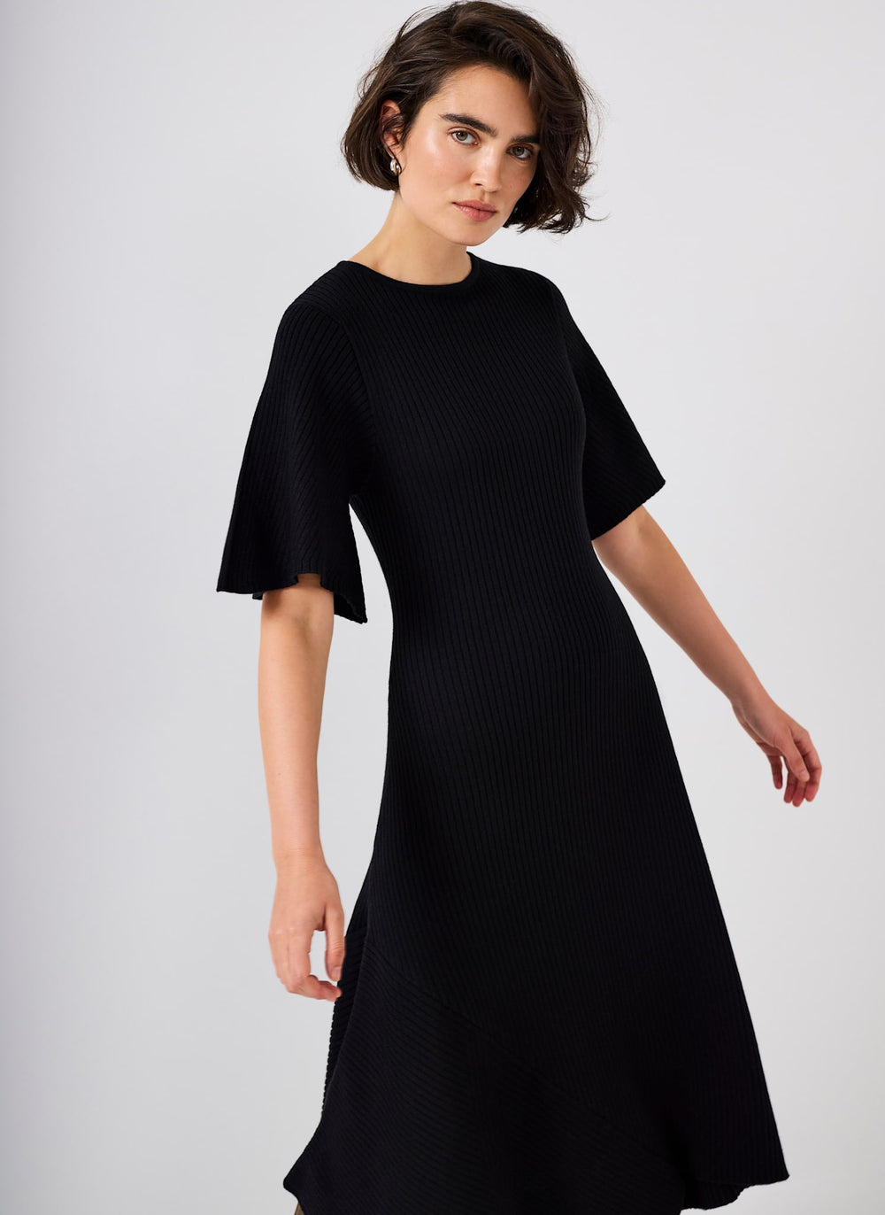 Black Rib Knit Asymmetric Dress