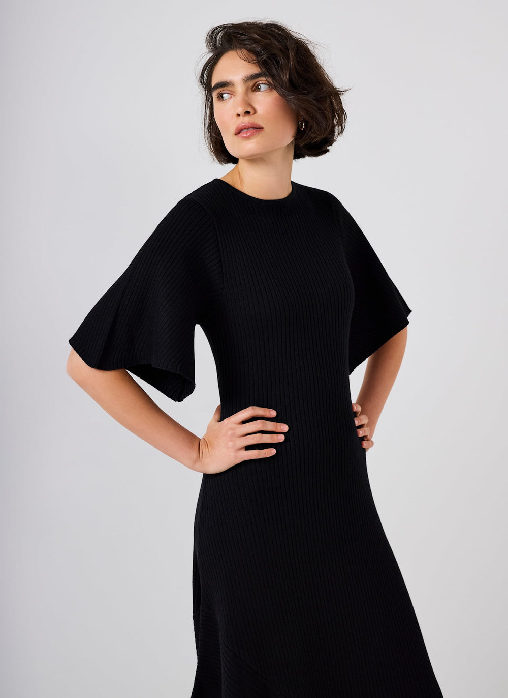 Black Rib Knit Asymmetric Dress