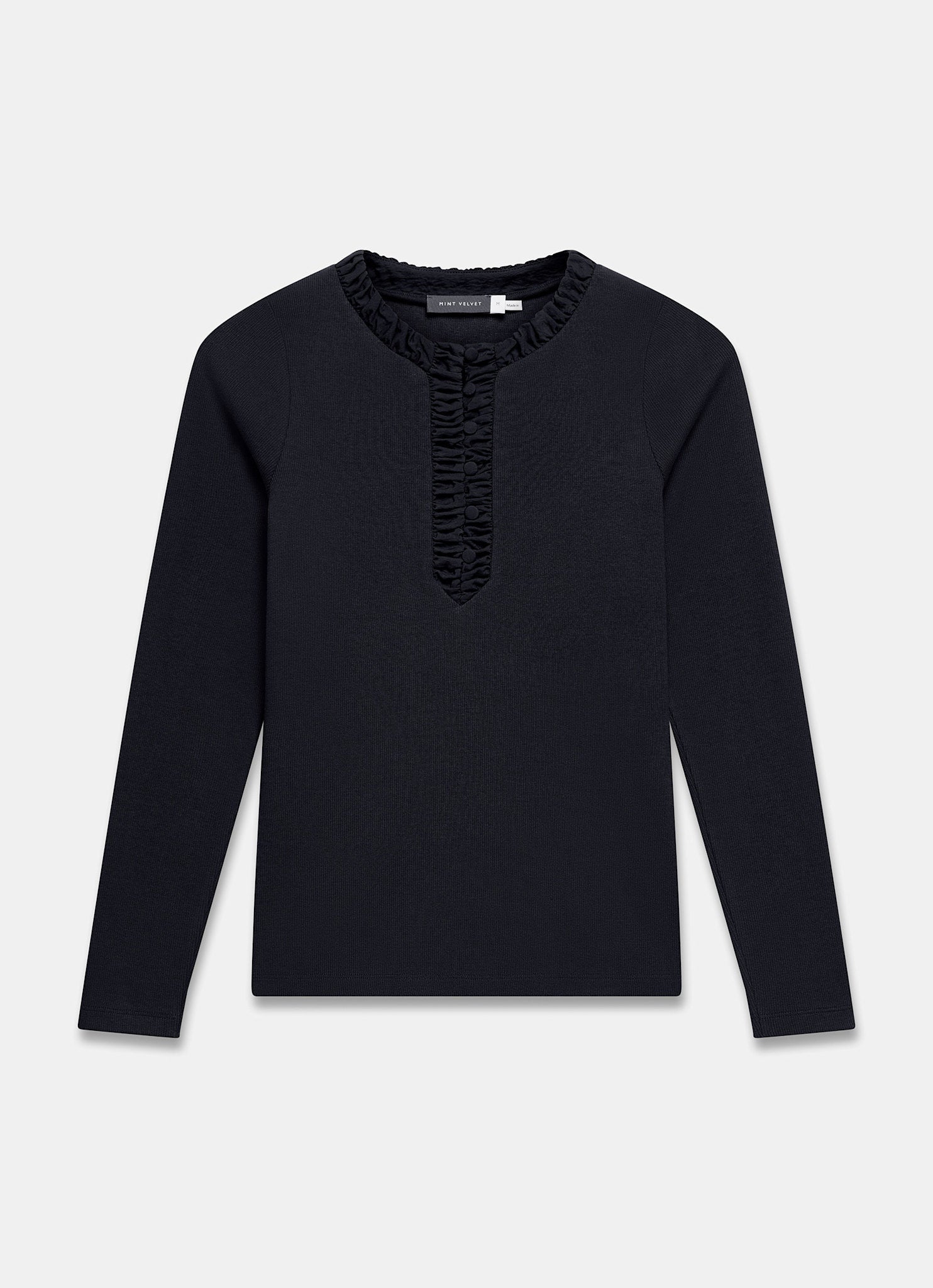 トップス Henleyneck Soft Tops Black Ruched Cotton Blend Henley Top – Mint Velvet