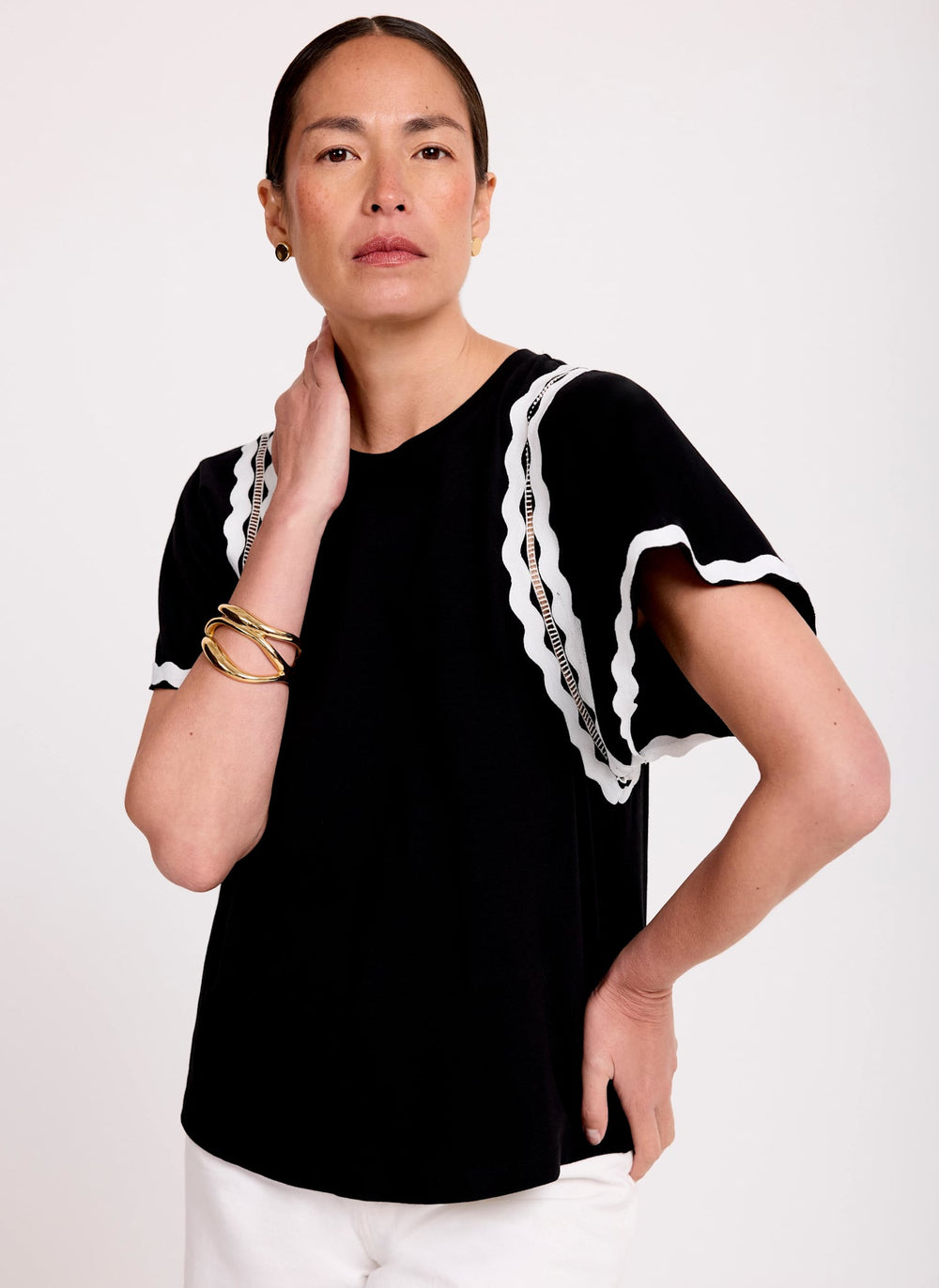 Black Cotton Blend Ric Rac Detail Top