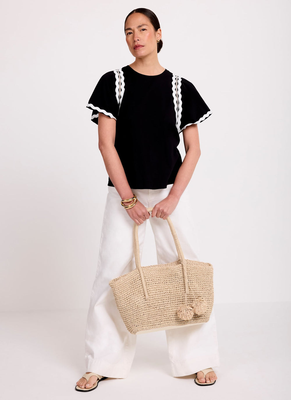 Black Cotton Blend Ric Rac Detail Top