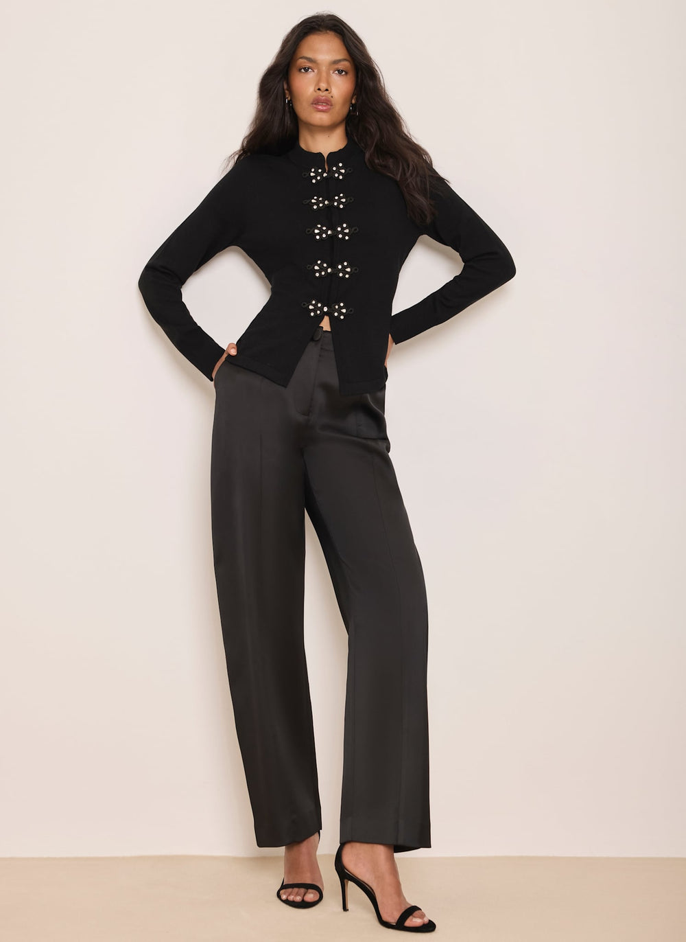 Black Satin Barrel Leg Trousers