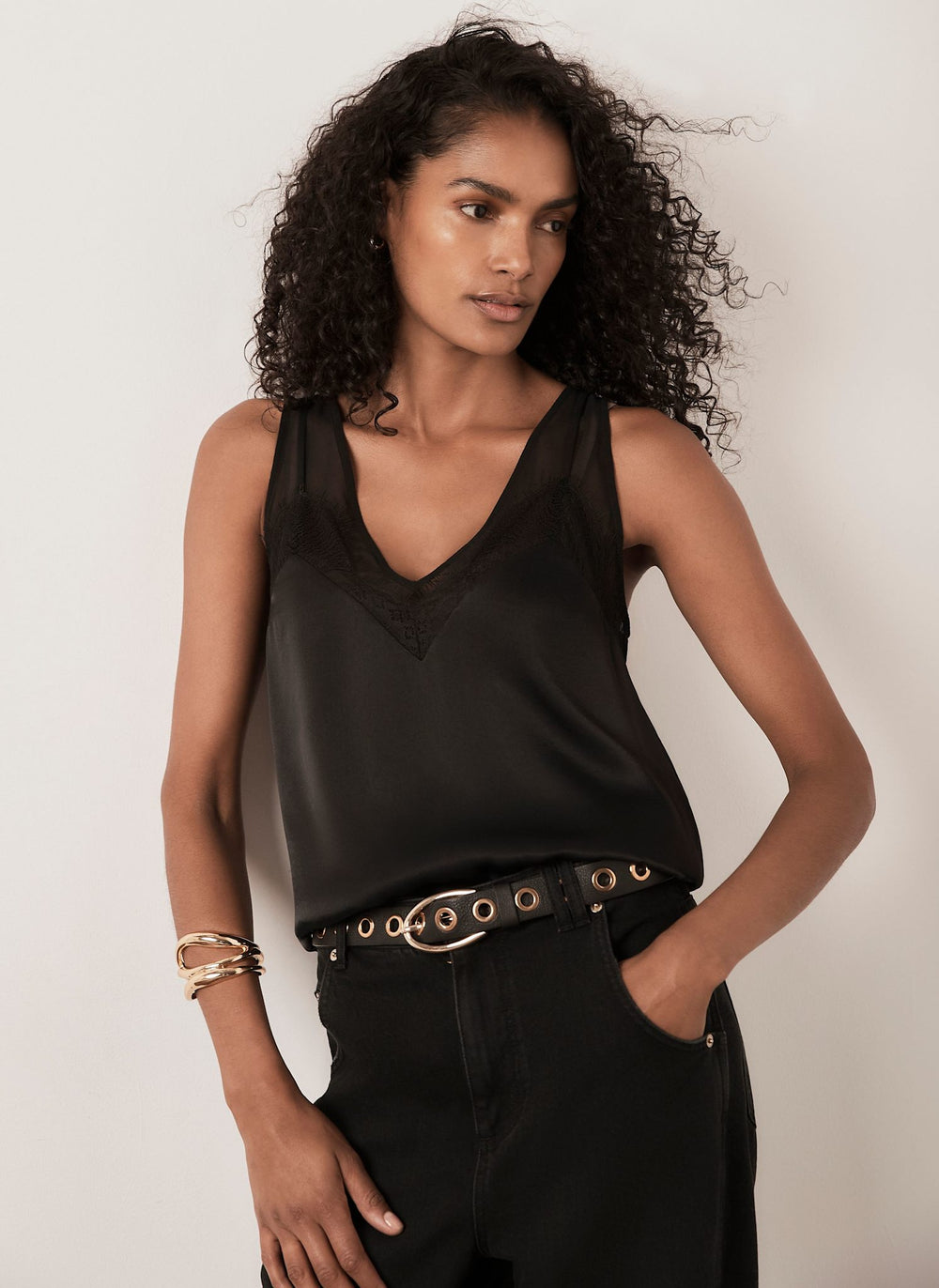 Black Satin Lace Camisole Top