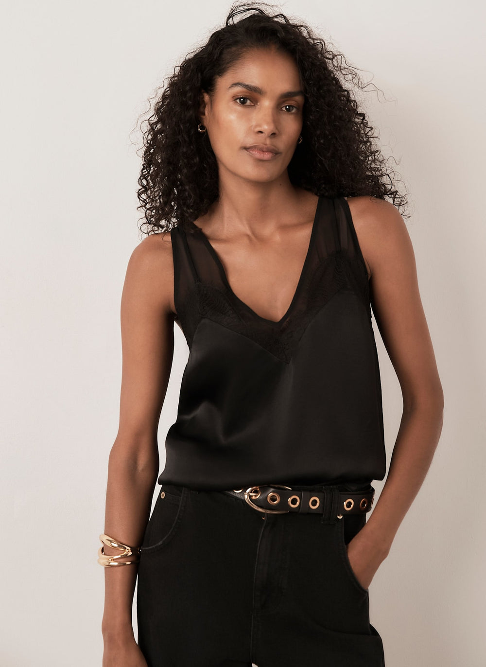 Black Satin Lace Camisole Top