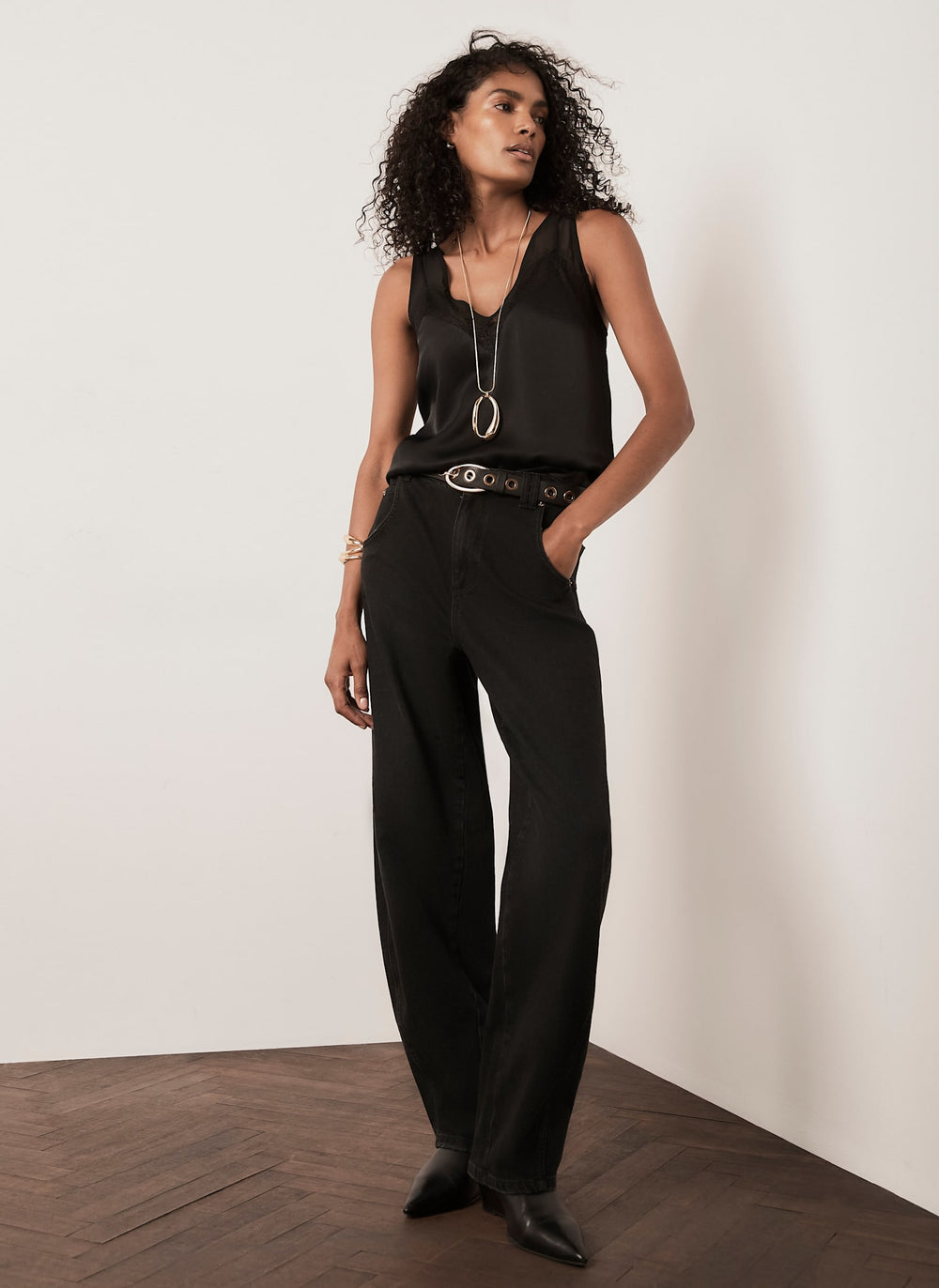 Black Satin Lace Camisole Top
