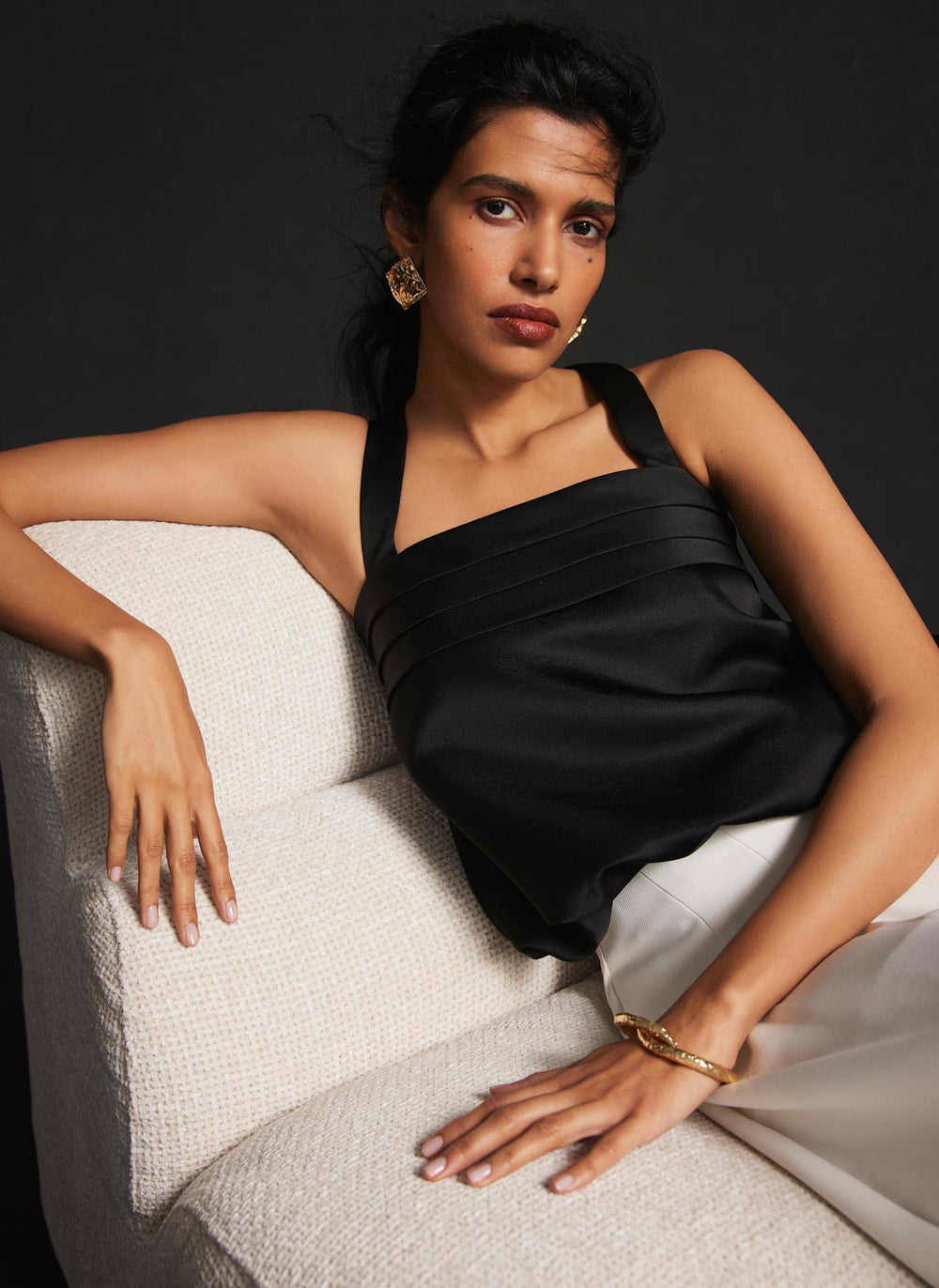 Black Satin Pleat Detail Top