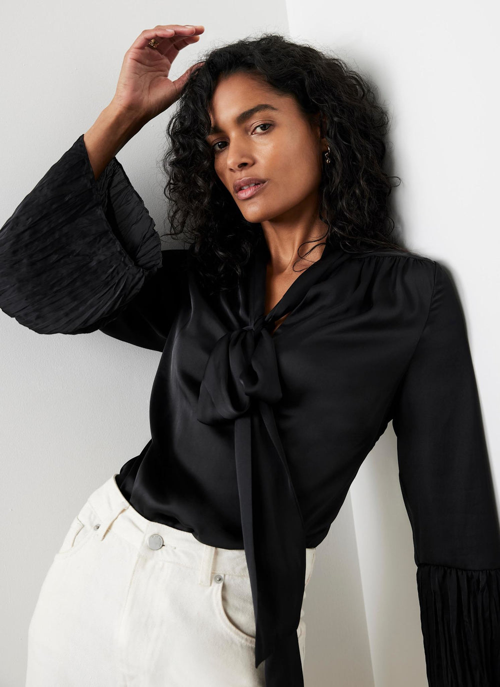 Black Satin Bow Blouse