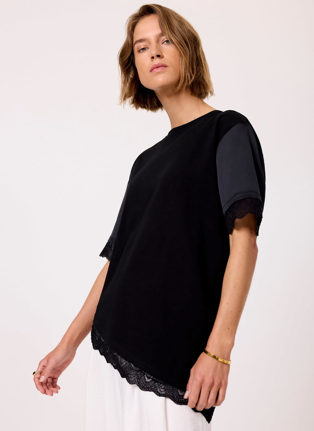 Black Satin Mix Lace Trim Top