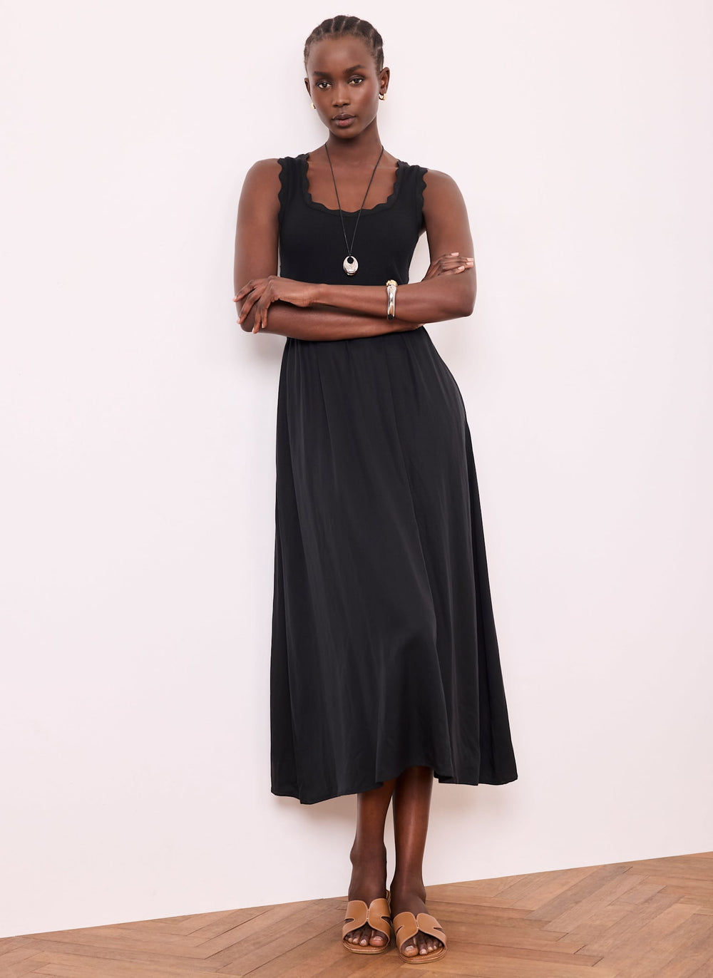 Black Scallop Trim Midi Dress  Mint Velvet