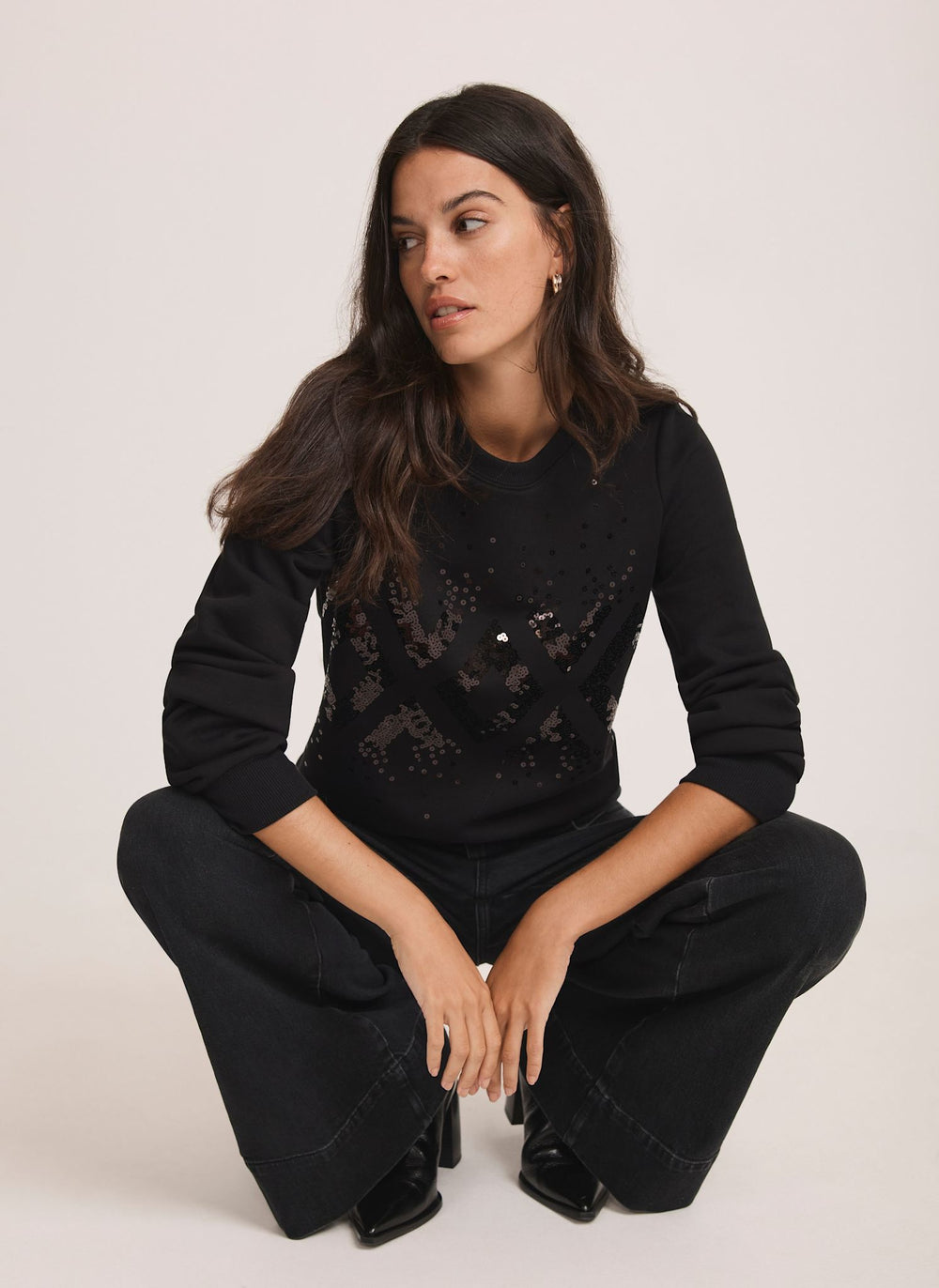 Black Cotton Blend Sequin Sweatshirt