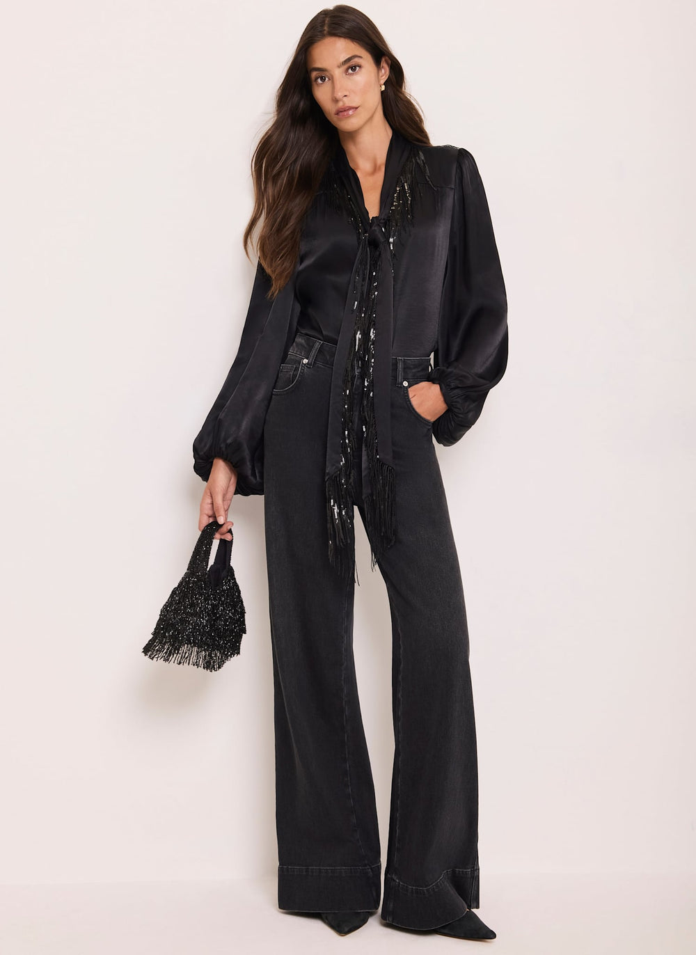 Black Sequin Tie Neck Blouse
