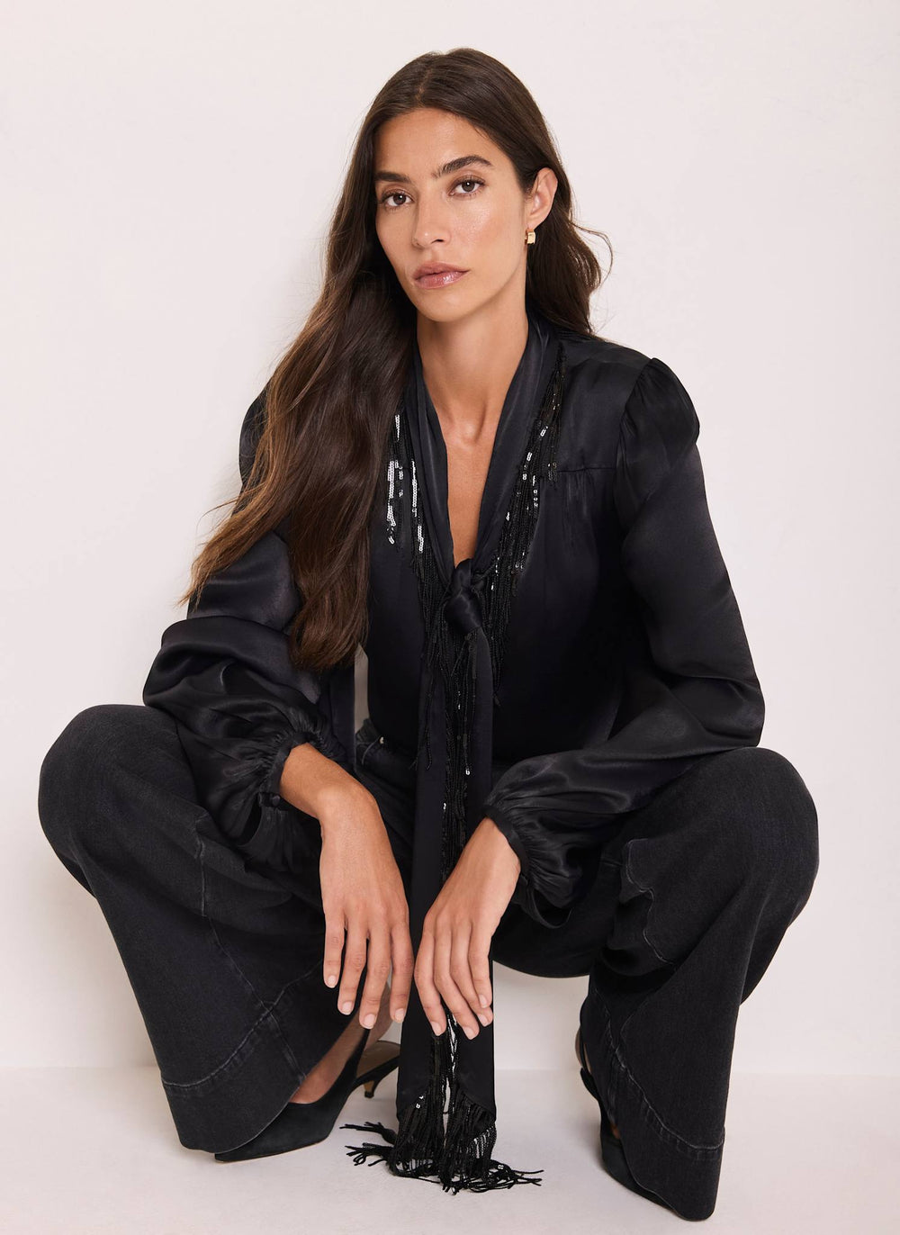 Black Sequin Tie Neck Blouse
