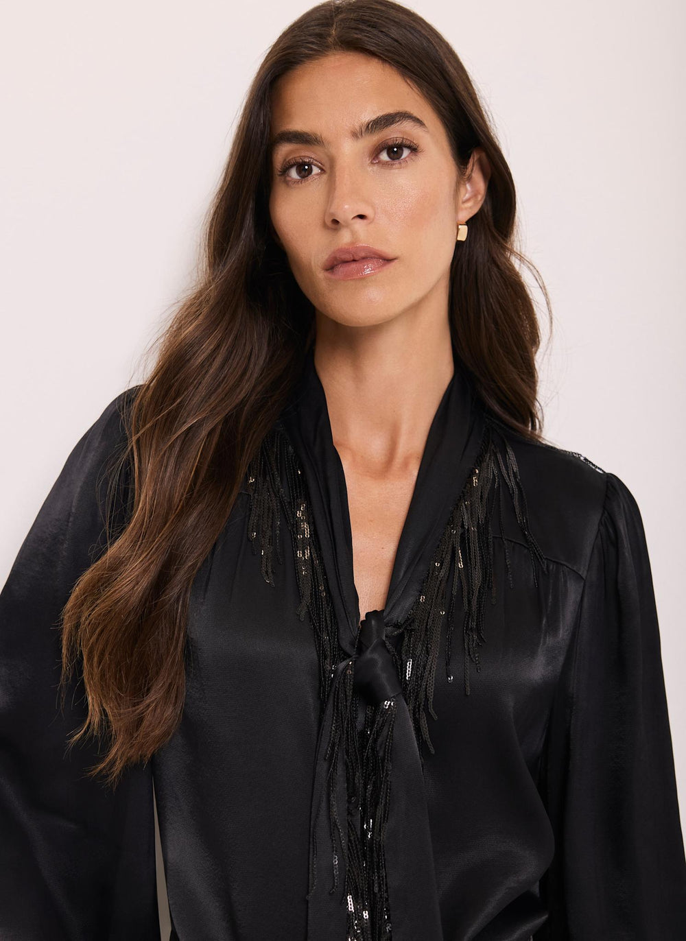 Black Sequin Tie Neck Blouse