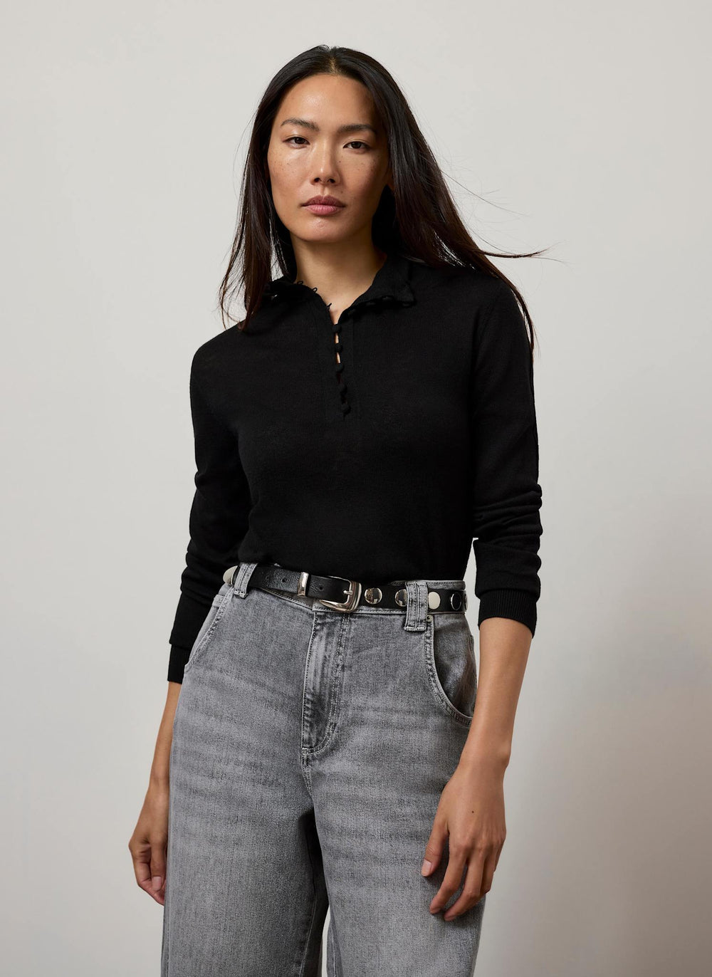 Black Lightweight Knit Button Detail Top