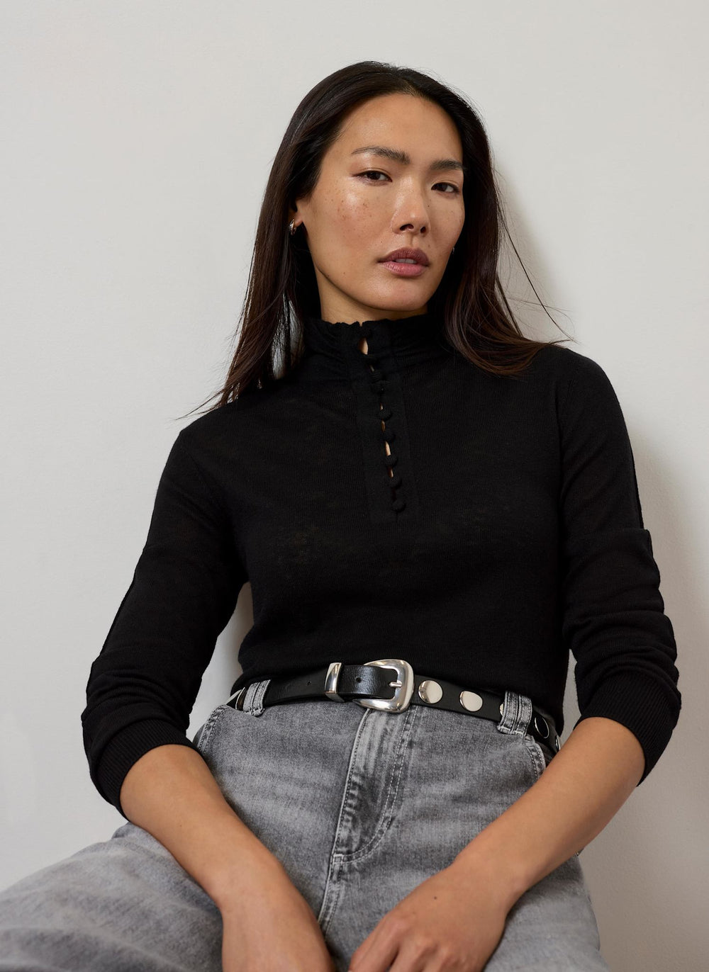 Black Lightweight Knit Button Detail Top