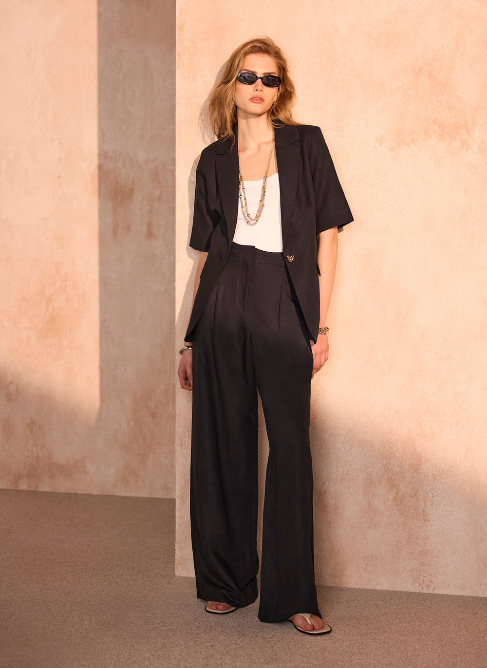 Black Linen Blend Short Sleeve Blazer