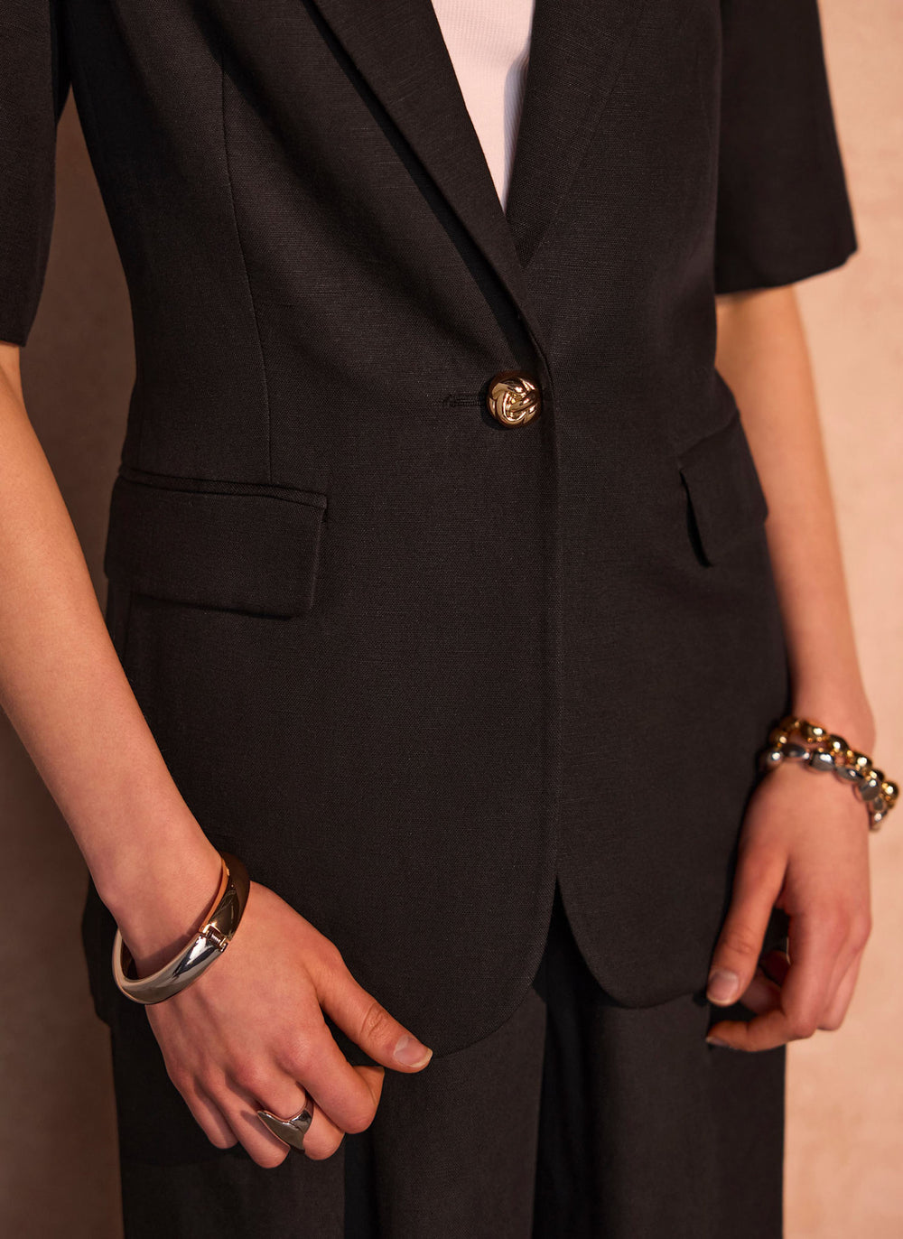 Black Linen Blend Short Sleeve Blazer